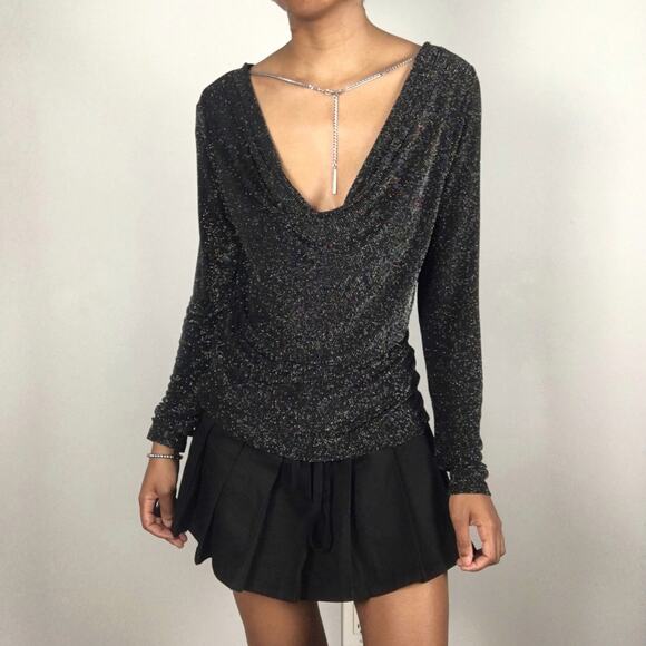 Michael Kors Sparkly Long Sleeve Cowl Back Black Blouse Top Metallic Size Medium - Picture 15 of 16